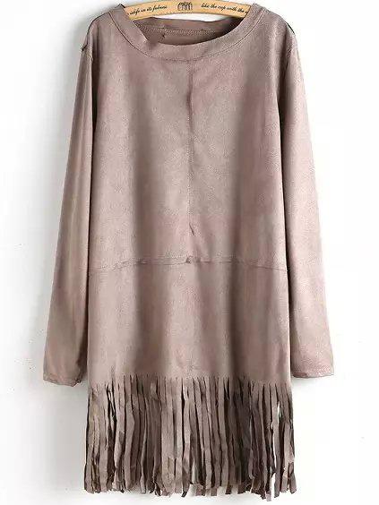 Romwe Round Neck Tassel Coffee Dress