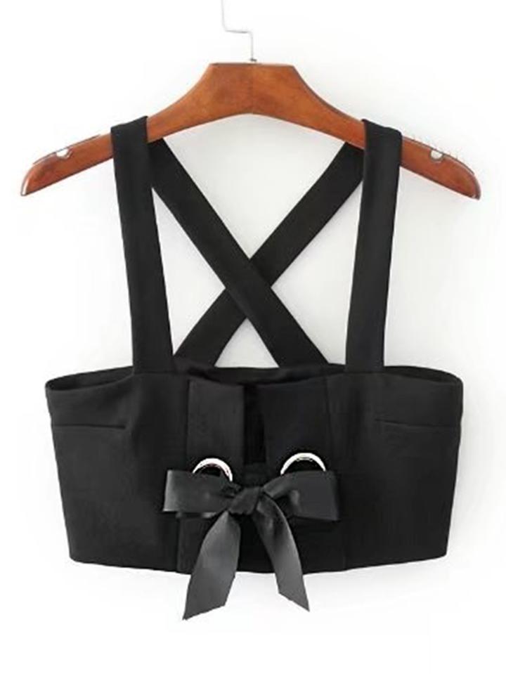 Romwe Criss Cross Back Bow Tie Front Crop Top With Ring Detail