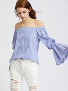 Romwe Off Shoulder Striped Trumpet Sleeve Embroidered Top