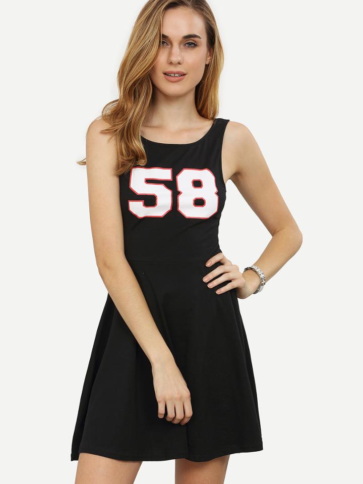 Romwe Black Varsity Print Skater Dress
