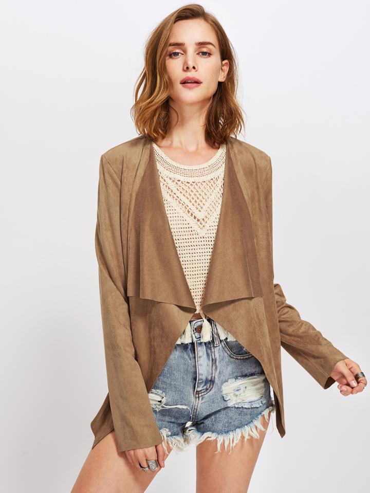 Romwe Waterfall Collar Suede Coat