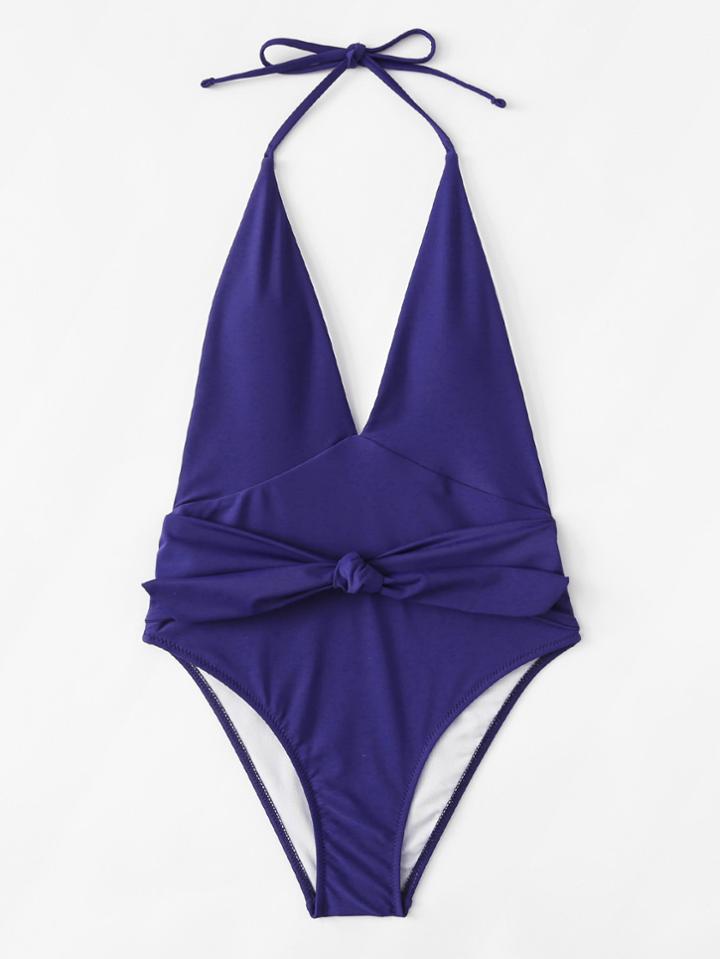 Romwe Knot Open Back Swimsuit