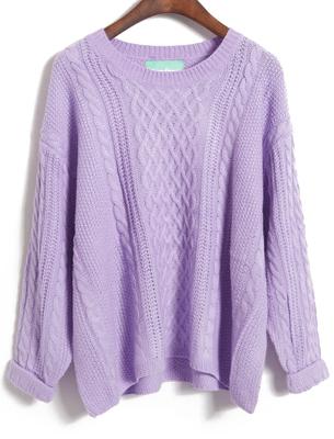 Romwe Purple Long Sleeve Diamond Patterned Knit Sweater