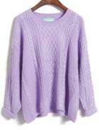 Romwe Purple Long Sleeve Diamond Patterned Knit Sweater