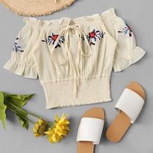 Romwe Bardot Ruffle Trim Embroidered Top