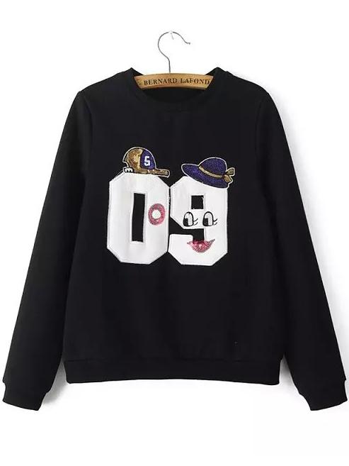 Romwe Number Pattern Sequined Black Sweatshirt