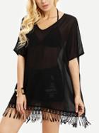 Romwe Black V Neck Tassel Loose Blouse