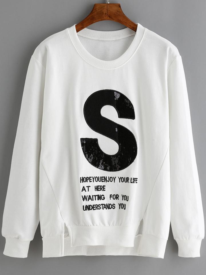 Romwe Letter Embroidered Sequined Split Sweatshirt