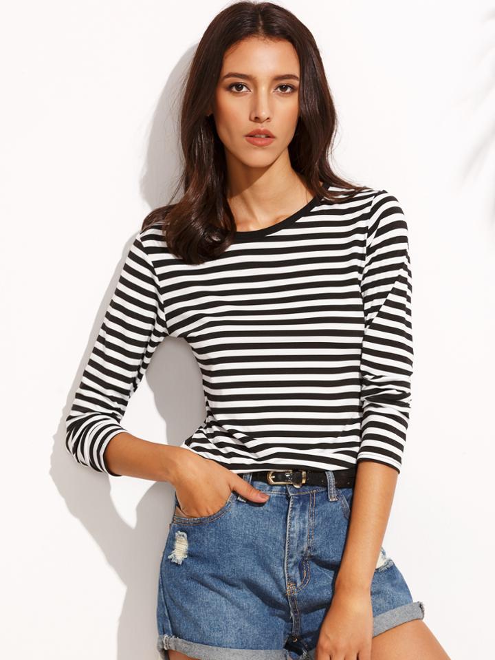 Romwe Black White Striped Long Sleeve T-shirt