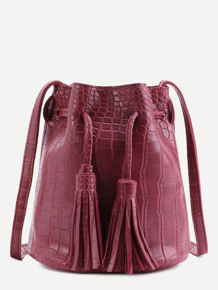 Romwe Maroon Crocodile Pu Tassel Drawstring Bucket Bag