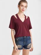 Romwe Burgundy Halter V Neck Short Sleeve T-shirt