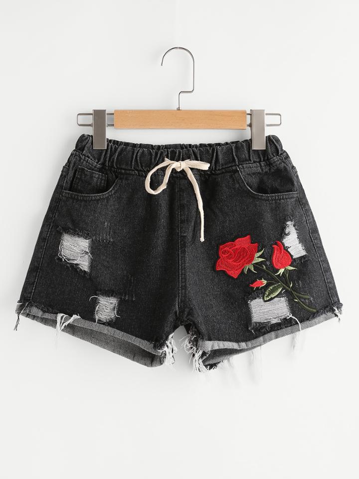 Romwe Rose Embroidered Patch Destroyed Cuffed Drawstring Denim Shorts