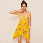 Romwe Floral Print Contrast Lace Plunging Neck Sundress