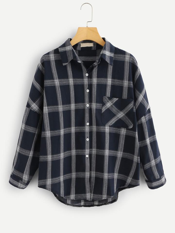 Romwe Drop Shoulder Chest Pocket Dip Hem Shirt