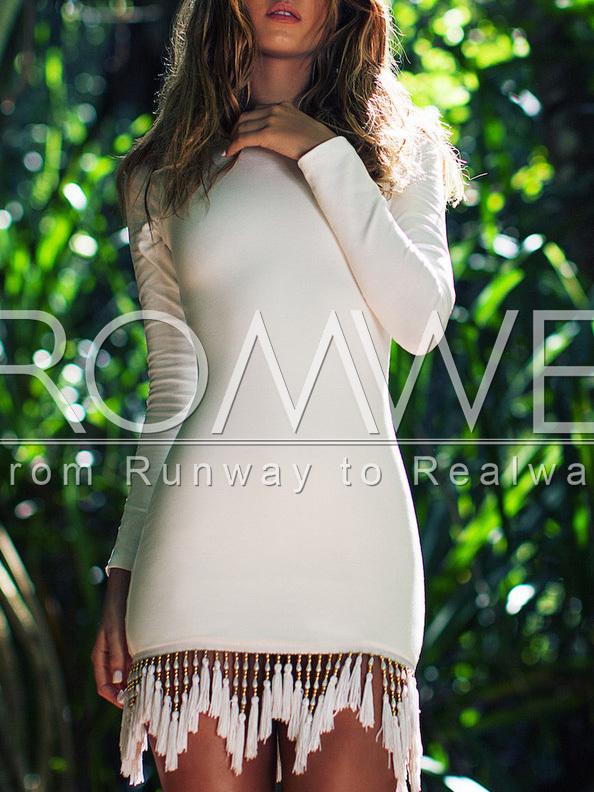 Romwe White Crew Neck Fringe Hem Bodycon Dress