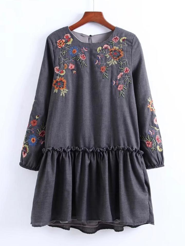 Romwe Flower Embroidery Drop Waist Dress