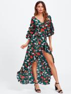 Romwe Flower Print Gathered Sleeve Surplice Wrap Dress