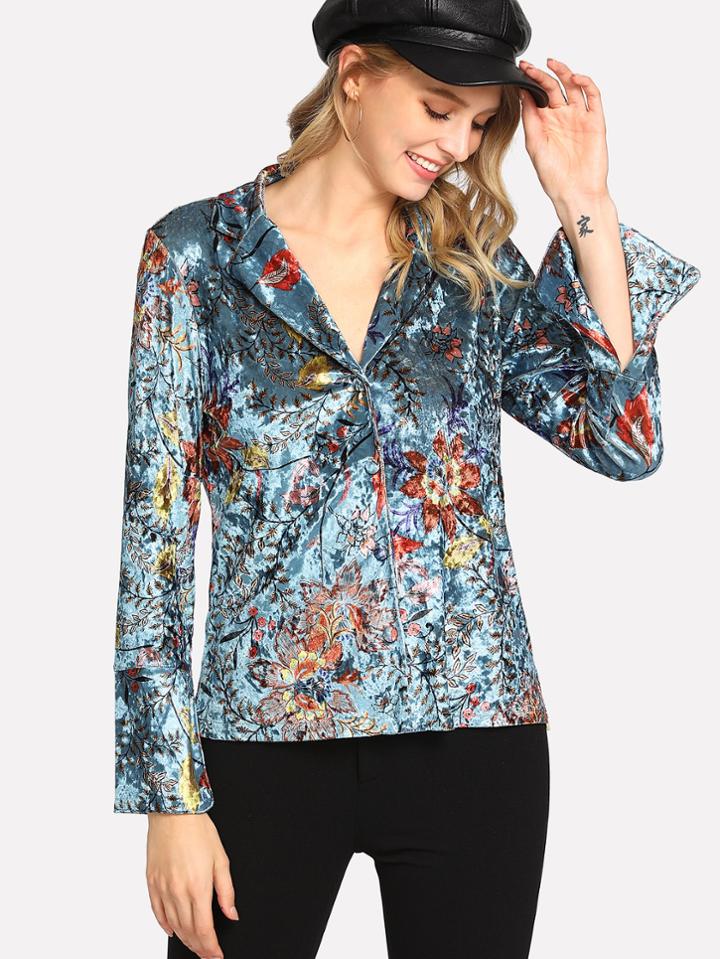 Romwe Revere Collar Floral Velvet Blouse
