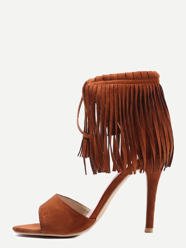 Romwe Open Toe Fringe Ankle Cuff Sandals - Light Tan