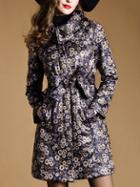 Romwe Navy Lapel Long Sleeve Tie-waist Pockets Jacquard Coat