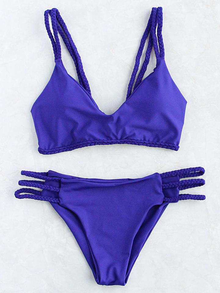 Romwe Blue Braided Strap Ladder Cutout Bikini Set
