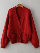 Romwe Red Ribbed Detail Drop Shoulder Button Up Sweater Coat With Pockets