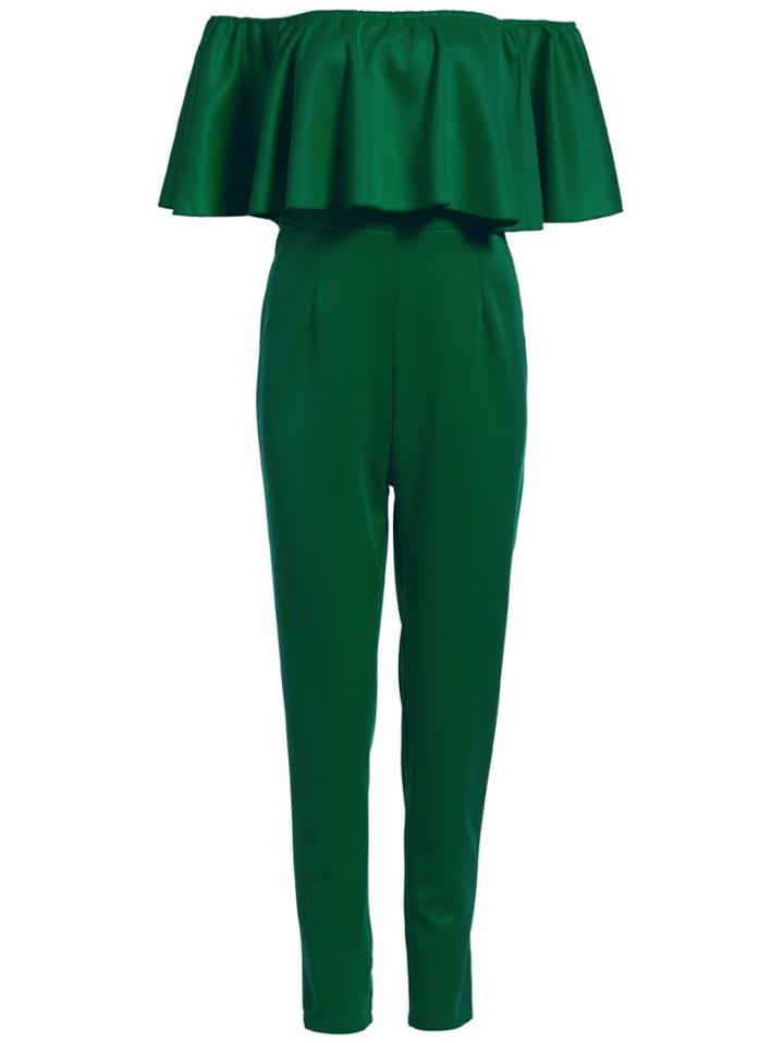 Romwe Strapless Ruffle Slim Green Jumpsuit