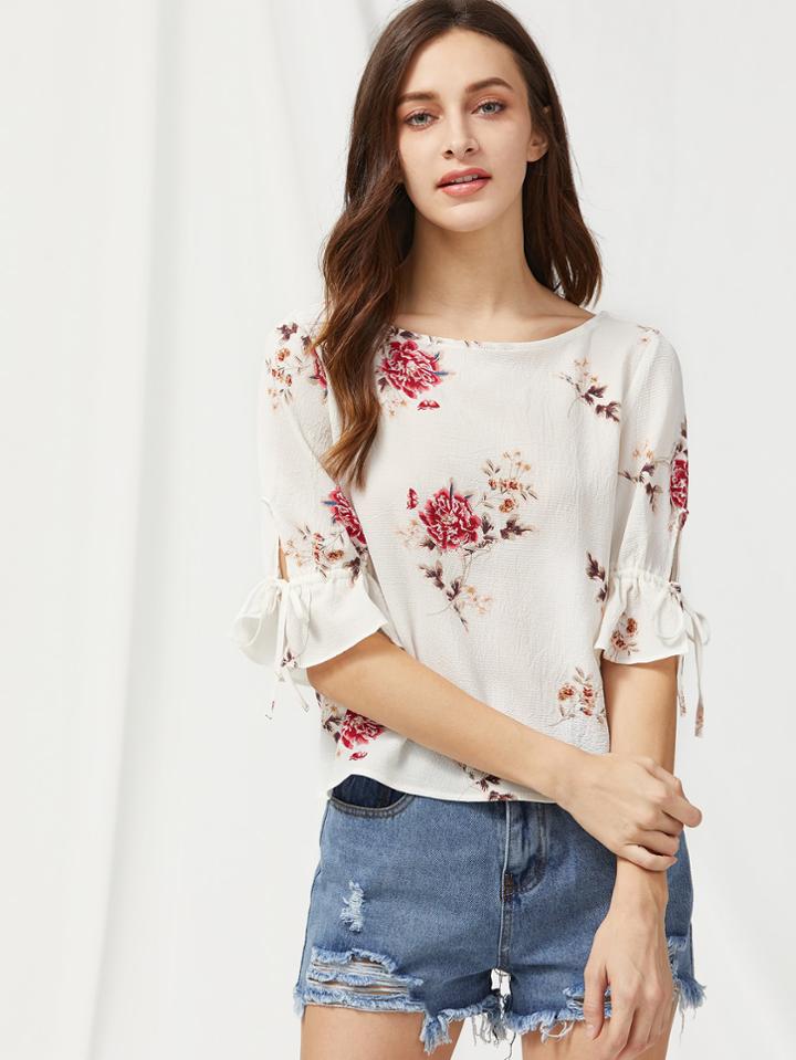Romwe Bell Sleeve Tied V Back Flower Print Top