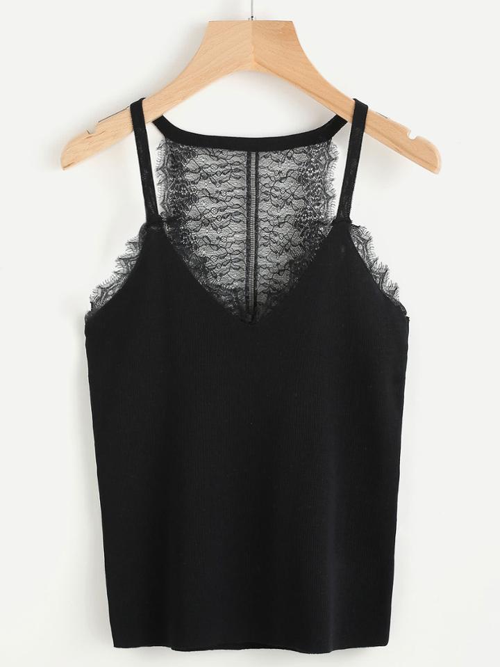 Romwe Eyelash Lace Panel Jersey Cami Top