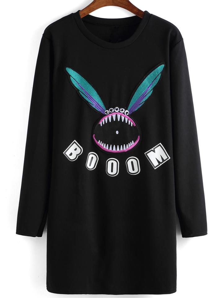 Romwe Round Neck Monster Patch Long Sweatshirt