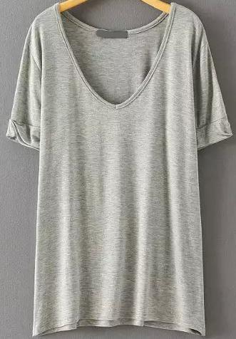 Romwe V Neck Loose Pale Grey T-shirt
