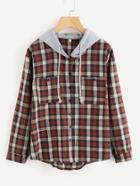 Romwe Hooded Button Front Check Sweatshirt With Chest Pockets