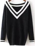 Romwe V Neck Varsity Striped Black Sweater