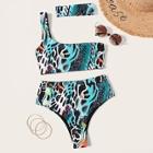 Romwe Random Graphic One Shoulder Bikini Set With Choker