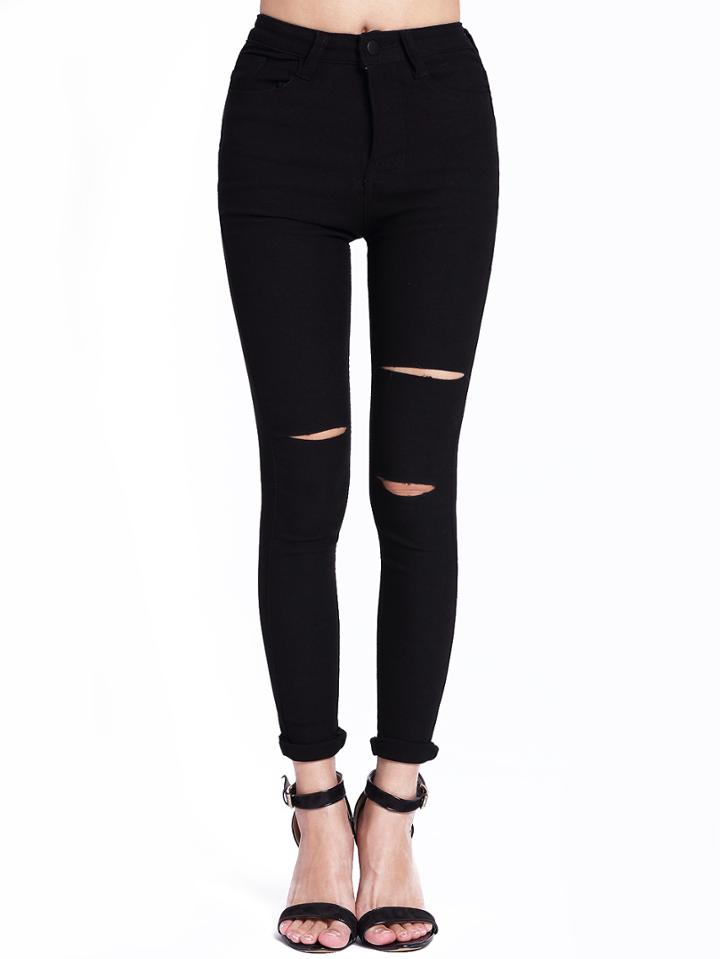 Romwe Black Cut-out Skinny Denim Pant