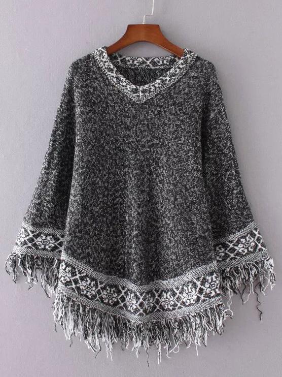 Romwe Grey V Neck Fringe Detail Jacquard Sweater
