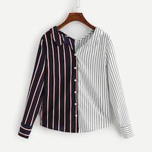 Romwe Striped Single Breasted Colorblock Blouse
