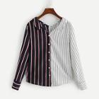 Romwe Striped Single Breasted Colorblock Blouse