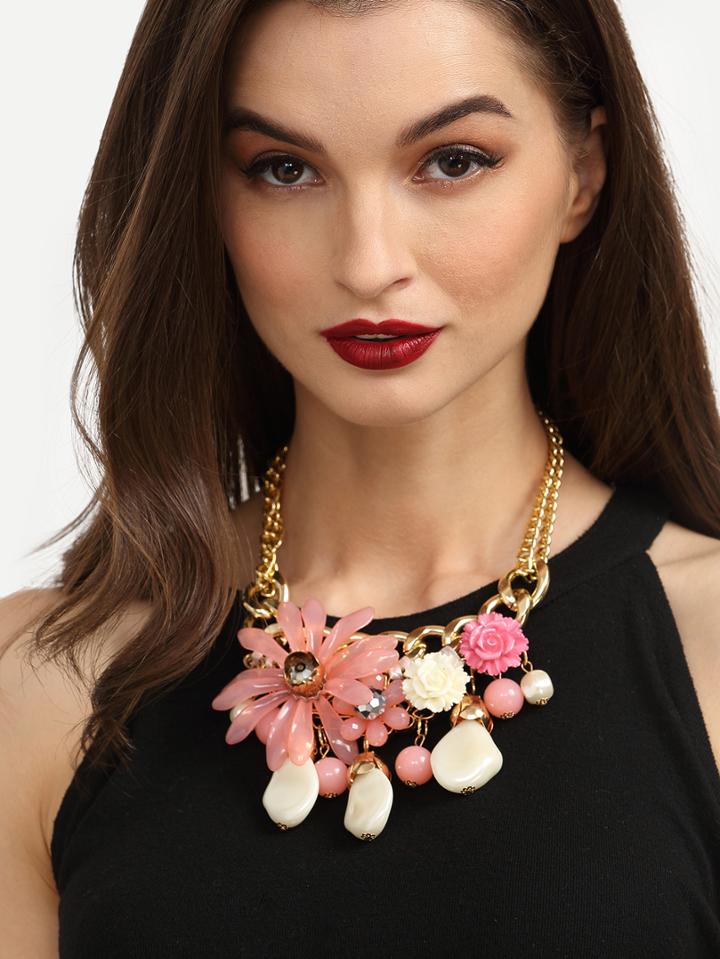 Romwe Ethnic Flower Beads Chain Statement Necklace