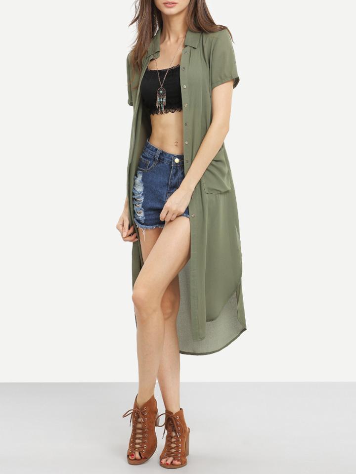 Romwe Army Green Pockets Tie Waist Dip Hem Outerwear