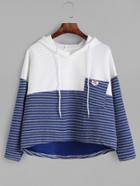Romwe Blue Contrast Striped High Low Hooded Textured Sweatshirt