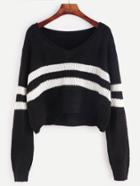 Romwe Black Striped Chevron Knit Crop Sweater