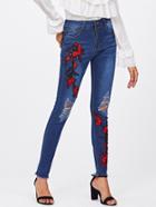 Romwe Flower Embroidered Ripped Frayed Hem Jeans