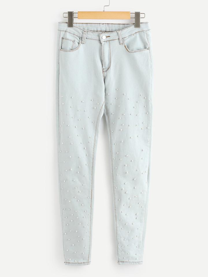 Romwe Faux Pearl Beading Jeans