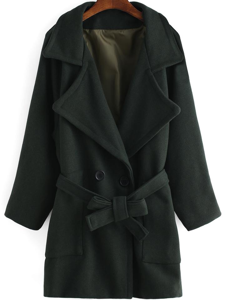 Romwe Lapel Belt Woolen Coat
