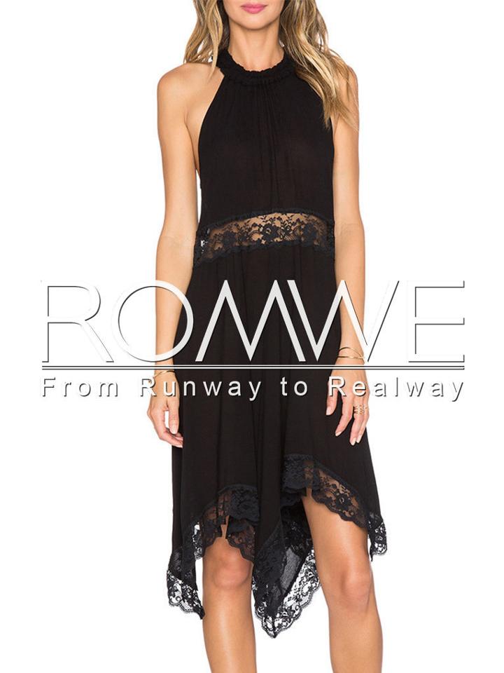 Romwe Black Sleeveless With Lace Asymmetric Dress