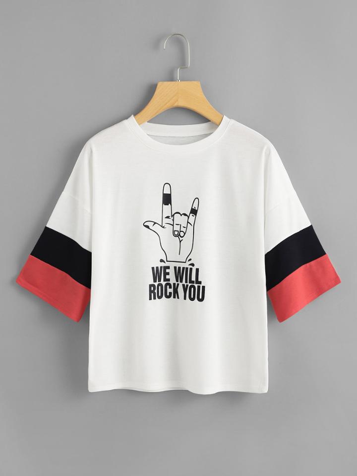 Romwe Slogan Print Contrast Cuff Tee