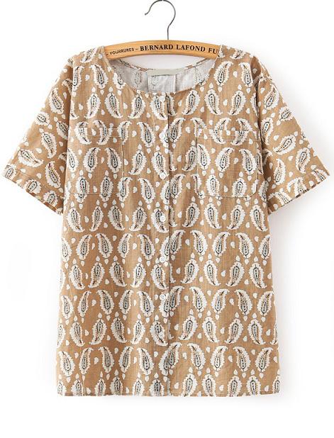 Romwe Round Neck Paisley Print Apricot Top