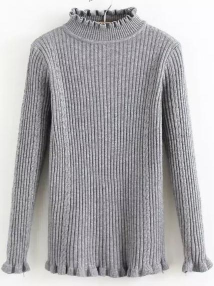 Romwe Victorian Ruffle Collar Ribbed Grey Knitwear