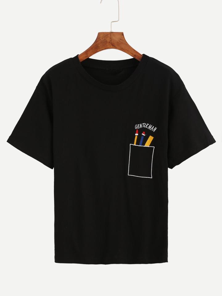 Romwe Black Pencil Embroidered Drop Shoulder T-shirt